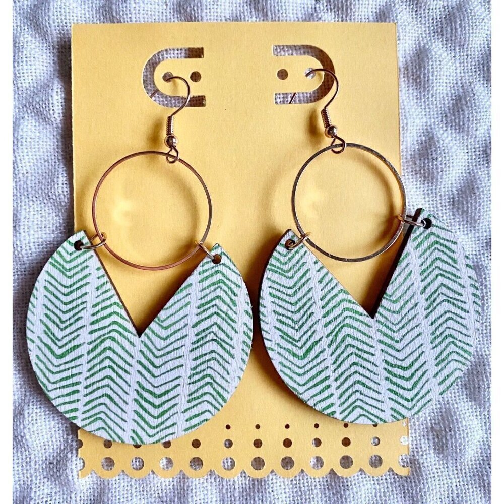 New Green & White Geometric Circle Wooden Boho Statement Dangle Earrings - 3"